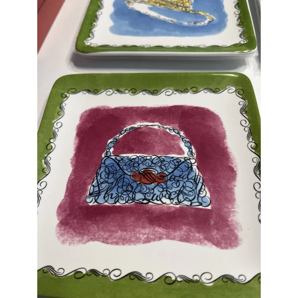 Pier 1 Square Appetizer 6” Plates Featuring Hats, Dress, Shoes & Purse 8pcs